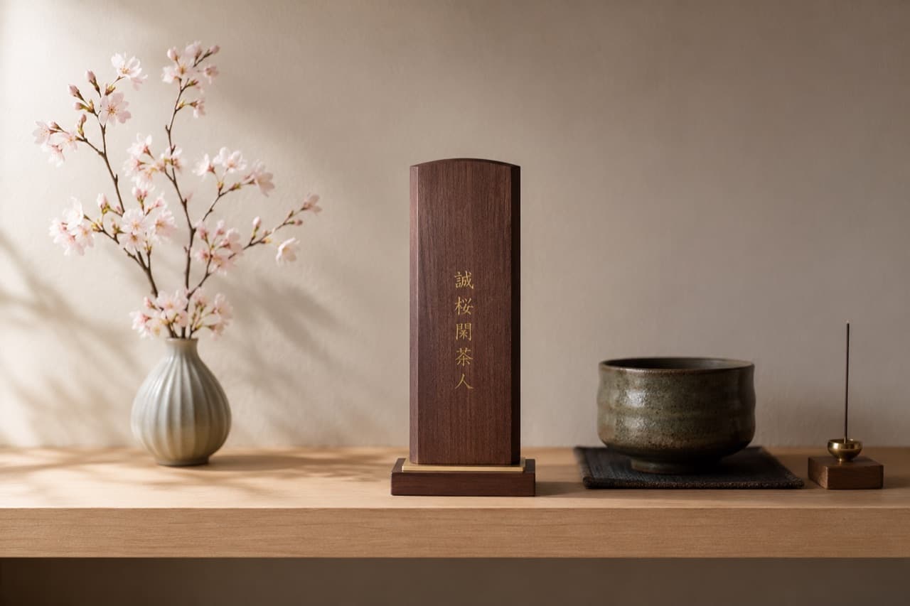 祈り名を入れた位牌を、桜と茶碗とともに飾った棚の様子